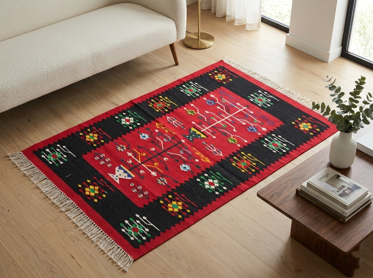 Premium Handwoven Cotton Area Rug (3x5 ft) | Washable & Breathable Flatweave Carpet for Bedroom & Living Room