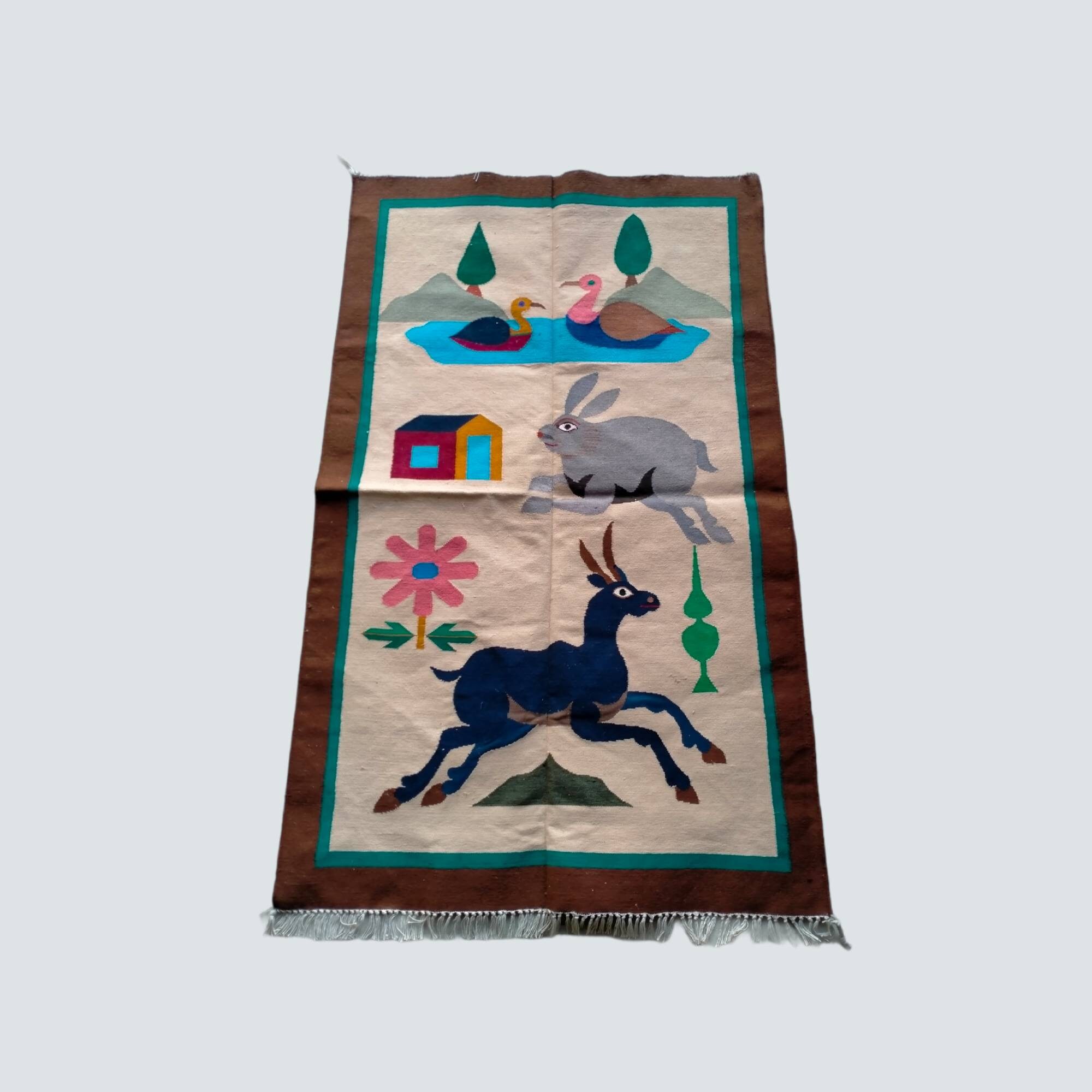 3x5 Cotton Animal Deer Rabbit Hand woven Dhurrie Rug- Carpet