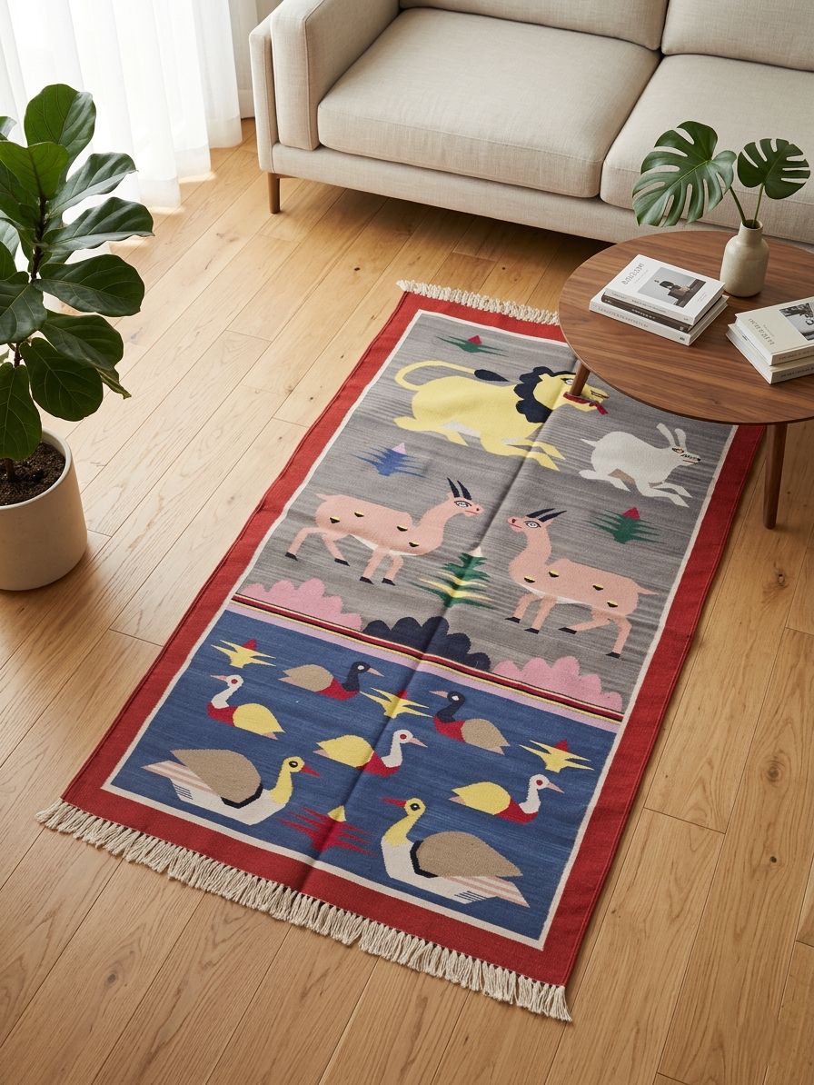 Premium Handwoven Flatweave Area Rug 3x5 ft - Tribal Animal Folk Art Kilim Dhurrie with Fringes - Colorful Cotton Accent Carpet for Kids Room, Nursery, Playroom & Eclectic Living Decor (Grey/Blue/Red)