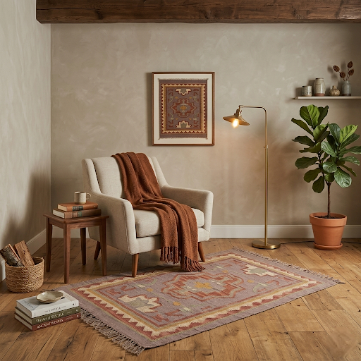 Handwoven Jute Wool Kilim Rug 3x5 ft - Geometric Bohemian Flatweave Dhurrie Carpet for Living Room, Bedroom & Entryway | Ethnic Reversible Floor Mat (Mauve & Terracotta)