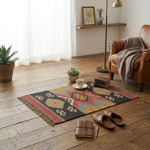 Handwoven Jute Wool Kilim Rug 2x3 ft - Geometric Bohemian Flatweave Dhurrie Carpet for Living Room, Bedroom & Entryway | Ethnic Reversible Floor Mat (Mauve & Terracotta).